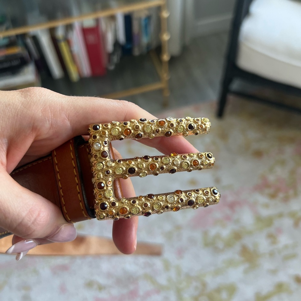Etro Gold Jeweled Leather Belt Size 85